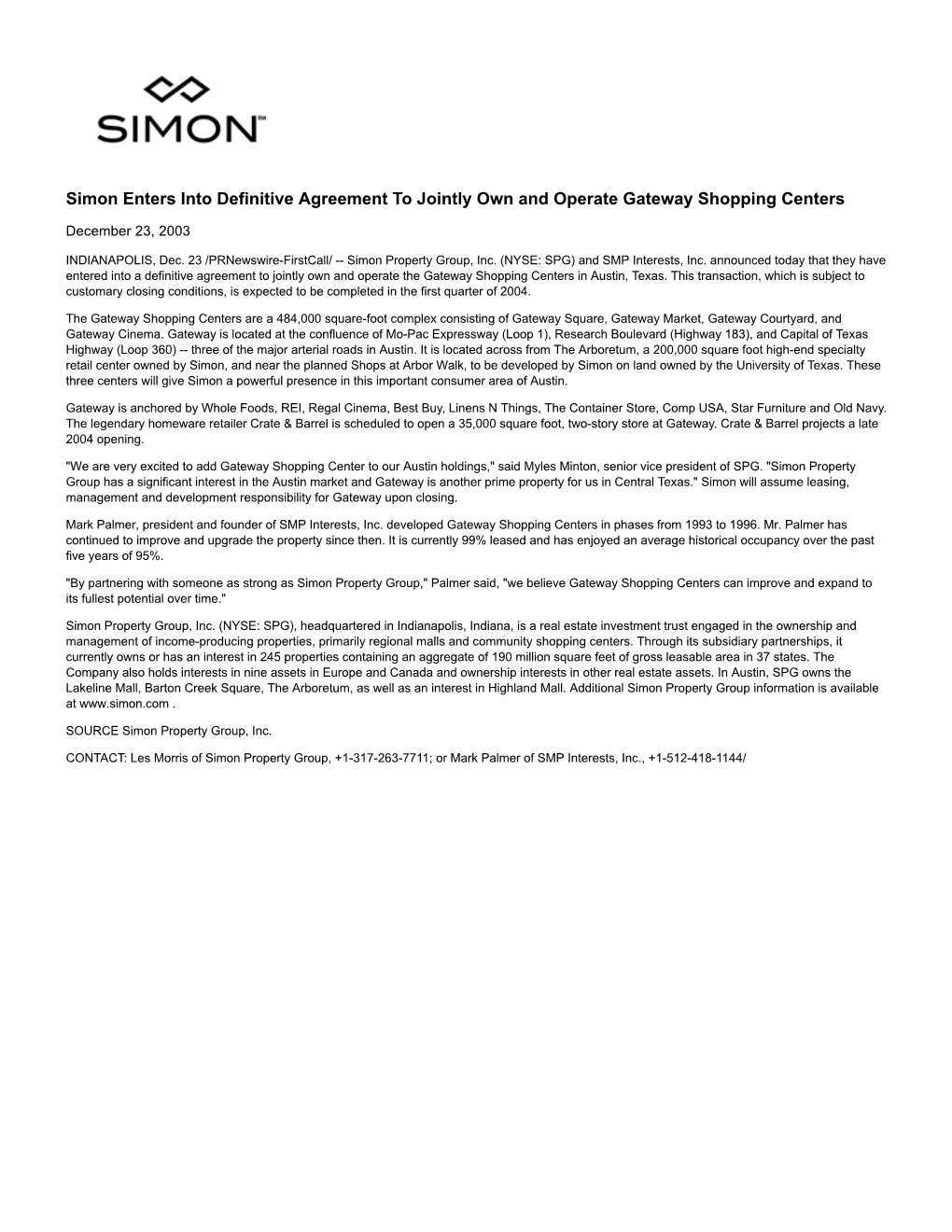Simon Enters Into Definitive Agreement to Jointly Own and Operate Gateway Shopping Centers
