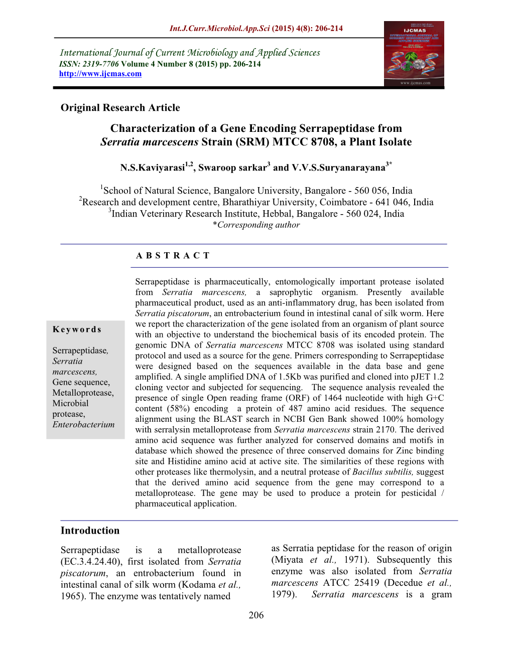 Characterization of a Gene Encoding Serrapeptidase from Serratia Marcescens Strain (SRM) MTCC 8708, a Plant Isolate