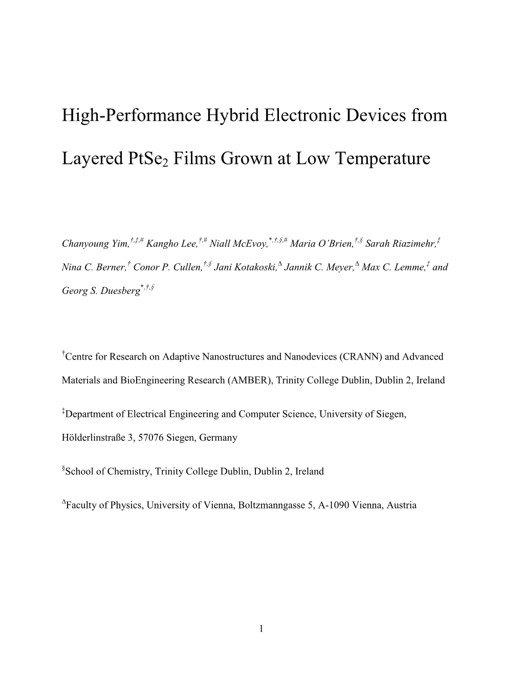 High-Performance Hybrid Electronic Devices from Layered Ptse2 Films