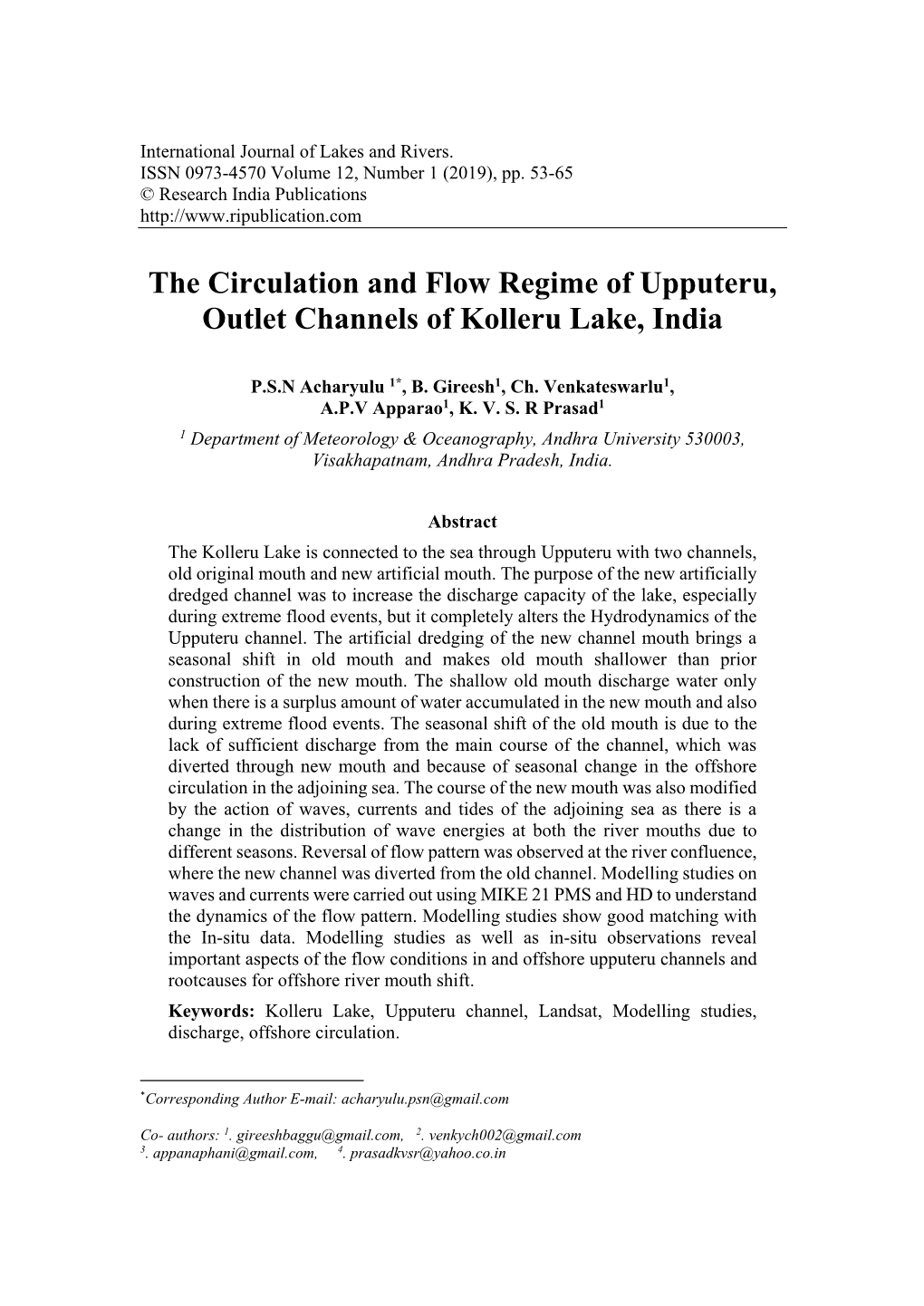 The Circulation and Flow Regime of Upputeru, Outlet Channels of Kolleru Lake, India