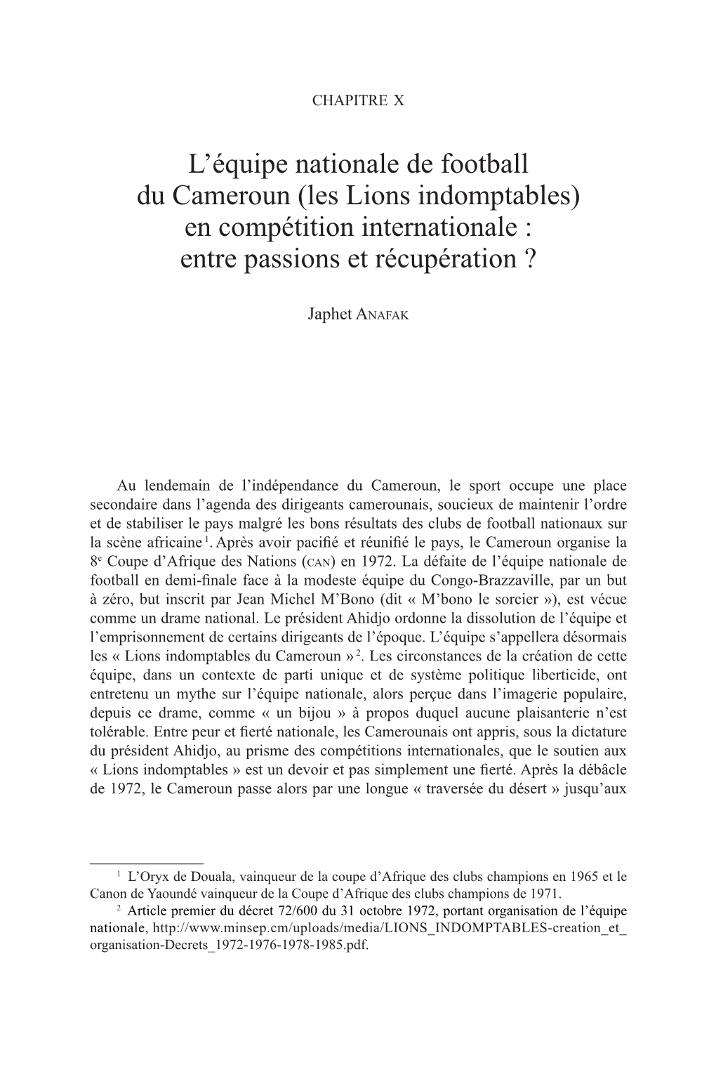 L'équipe Nationale De Football Du Cameroun (Les Lions Indomptables