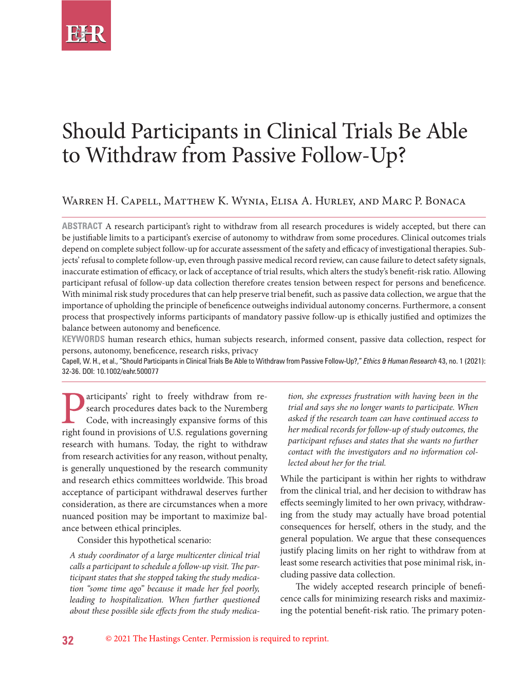 Should Participants in Clinical Trials Be Able to Withdraw from Passive Follow-Up?