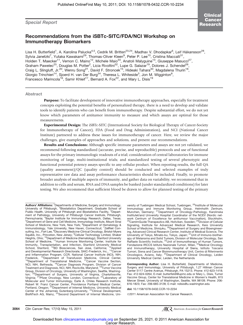 Recommendations from the Isbtc-SITC/FDA/NCI Workshop on Immunotherapy Biomarkers