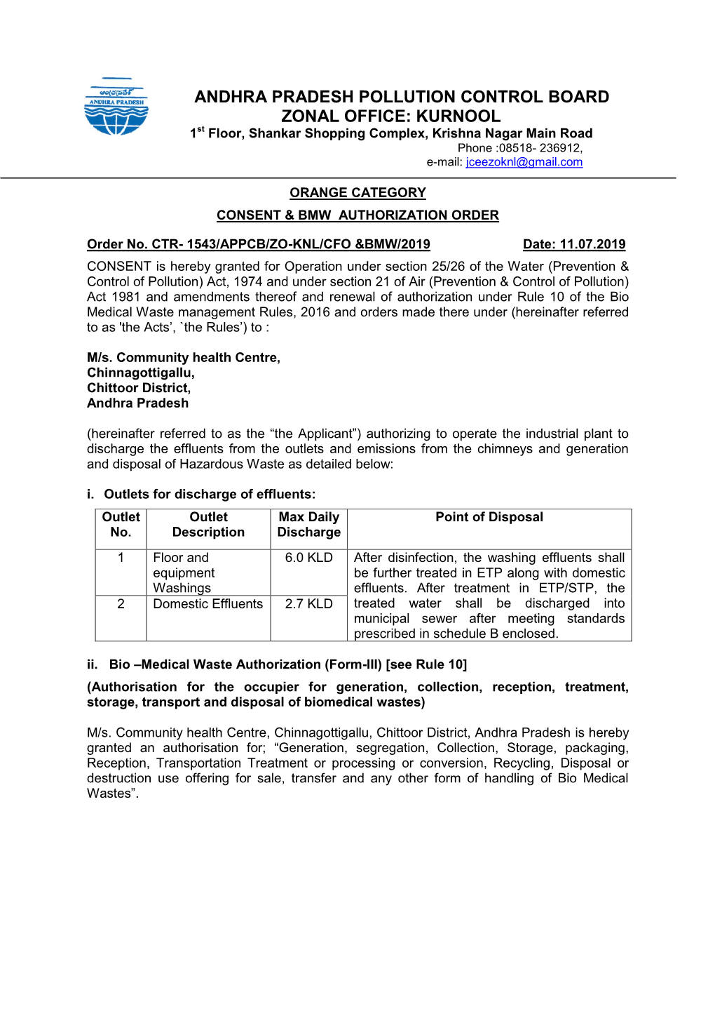 ANDHRA PRADESH POLLUTION CONTROL BOARD ZONAL OFFICE: KURNOOL 1St Floor, Shankar Shopping Complex, Krishna Nagar Main Road