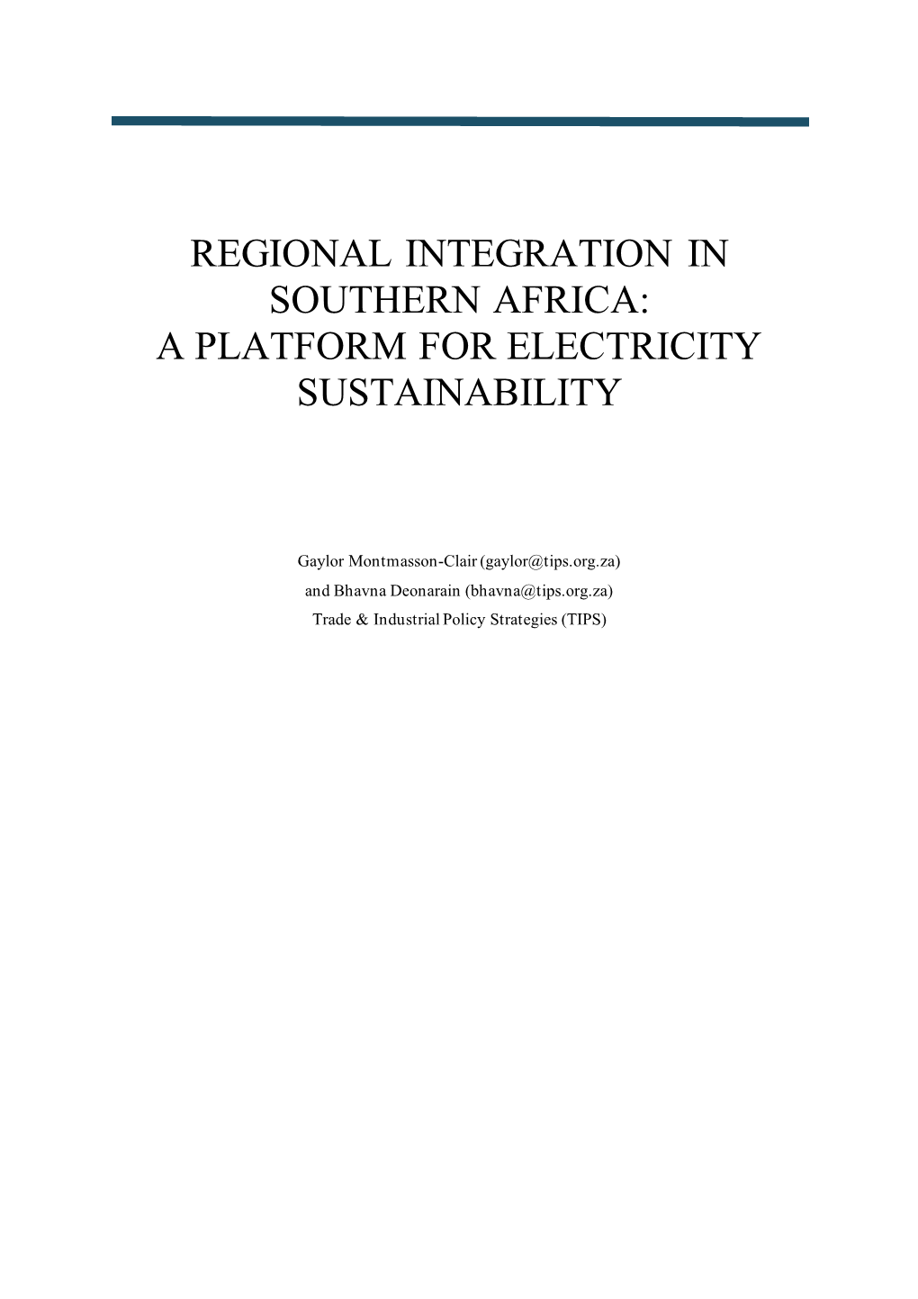Regional Integration in Southern Africa: a Platform for Electricity Sustainability