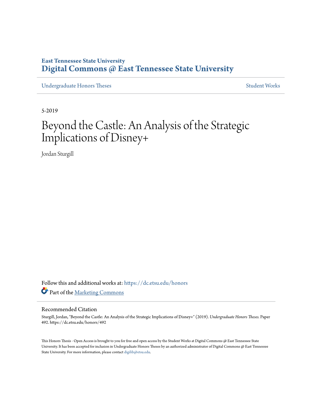 Beyond the Castle: an Analysis of the Strategic Implications of Disney+ Jordan Sturgill