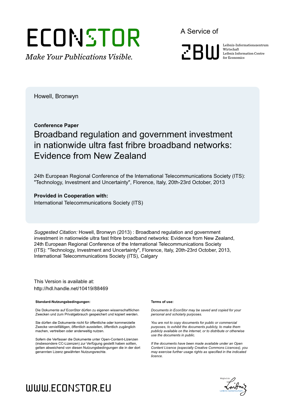 Broadband Regulation and Government Investment in Nationwide Ultra Fast Fribre Broadband Networks: Evidence from New Zealand