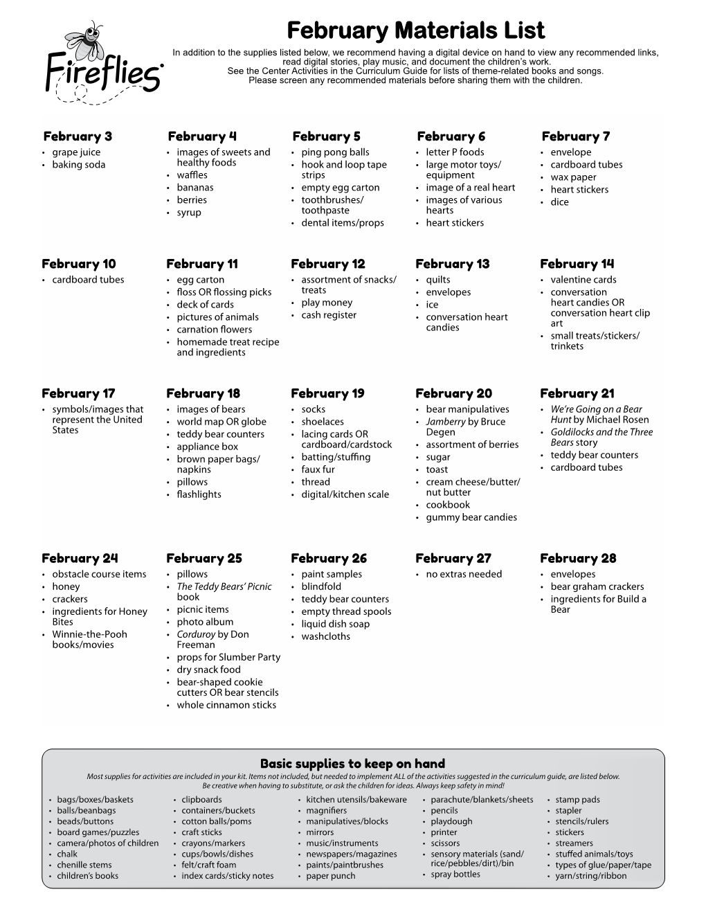 February Materials List