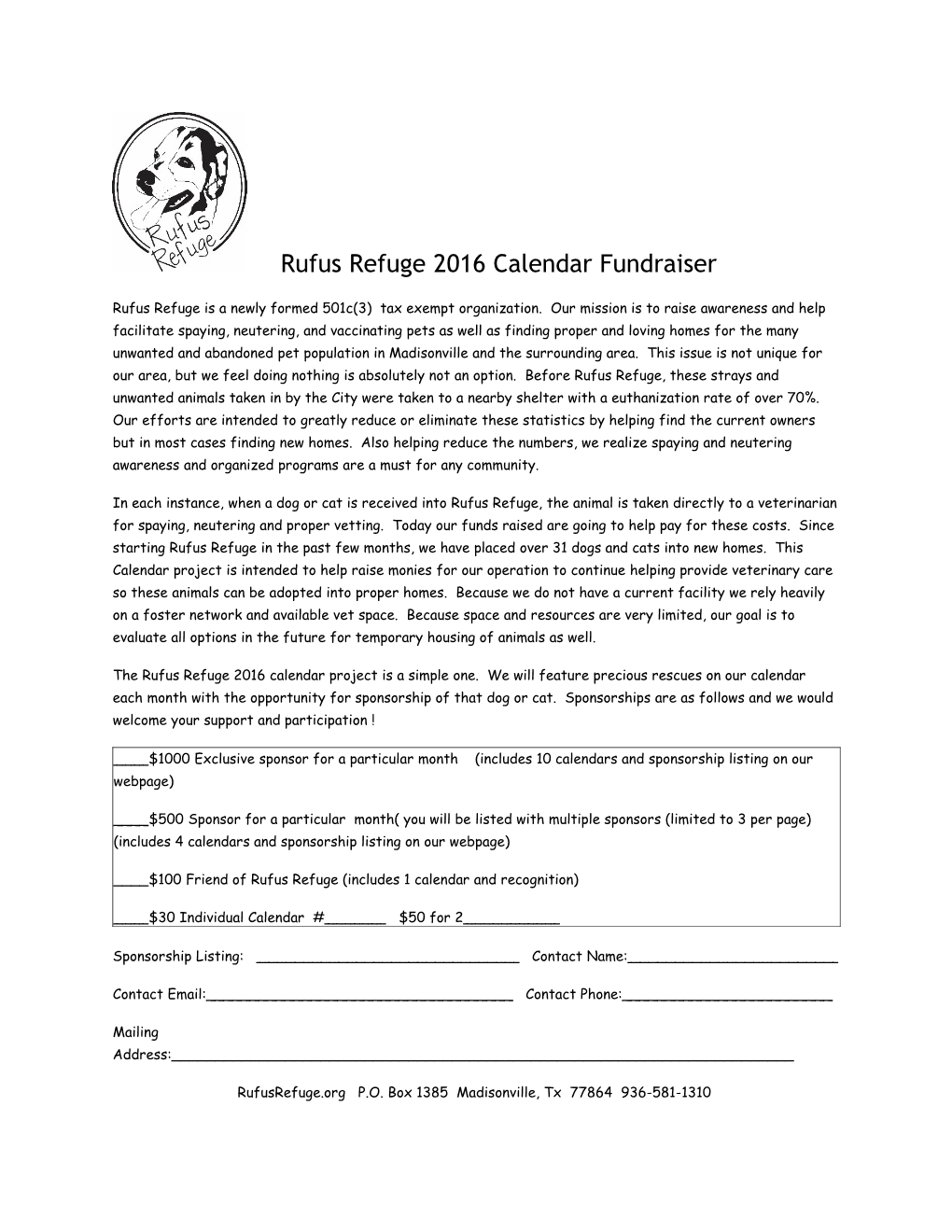 Rufus Refuge 2016 Calendar Fundraiser