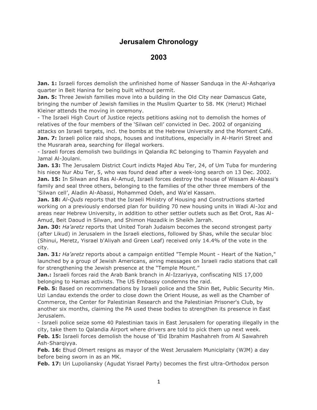 Jerusalem Chronology 2003