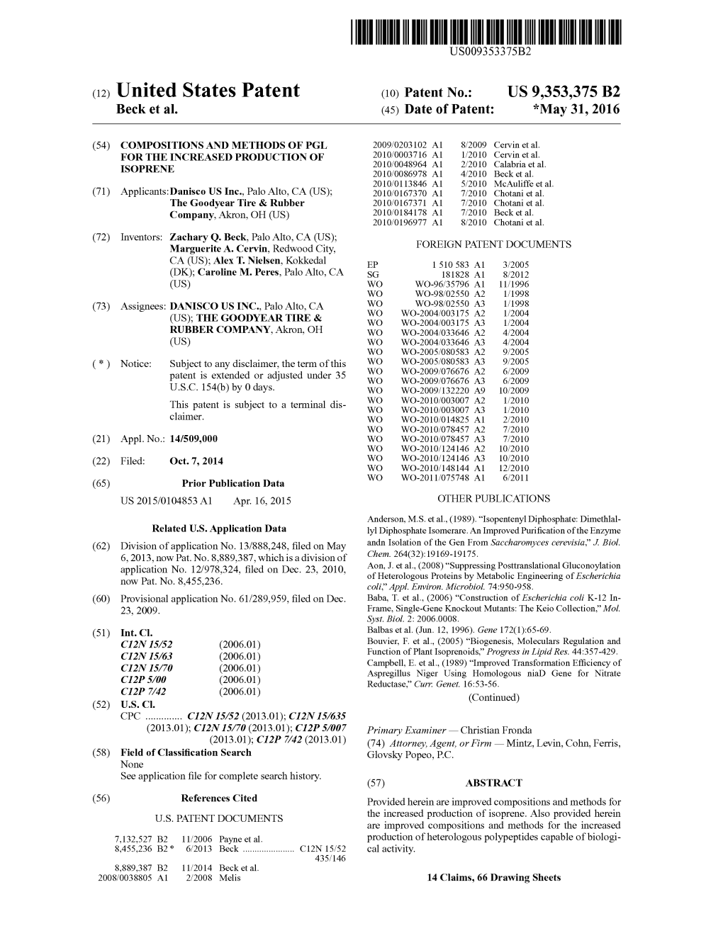 (12) United States Patent (10) Patent No.: US 9,353,375 B2 Beck Et Al