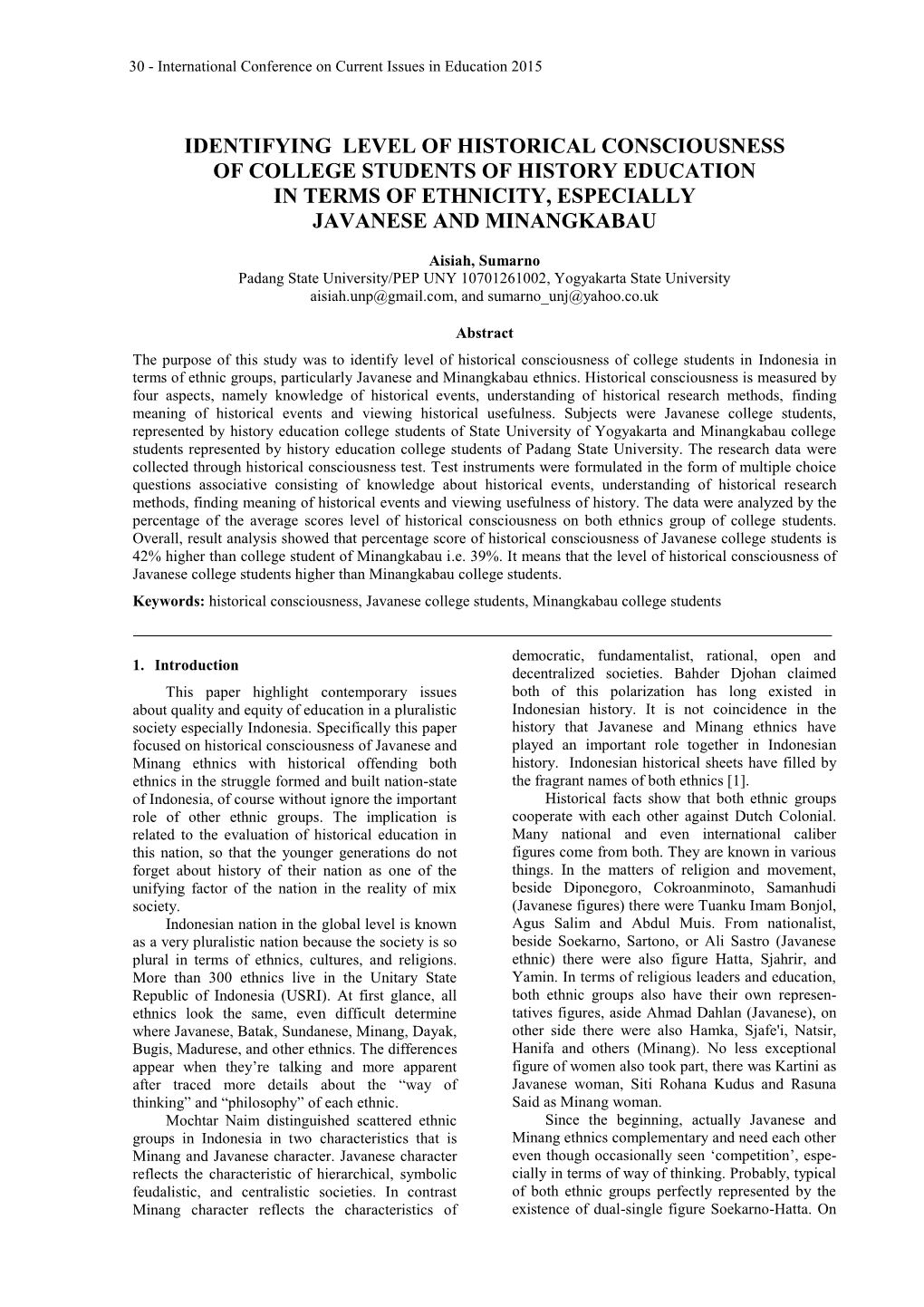 Identifying Level of Historical Consciousness of College Students of History Education in Terms of Ethnicity, Especially Javanese and Minangkabau