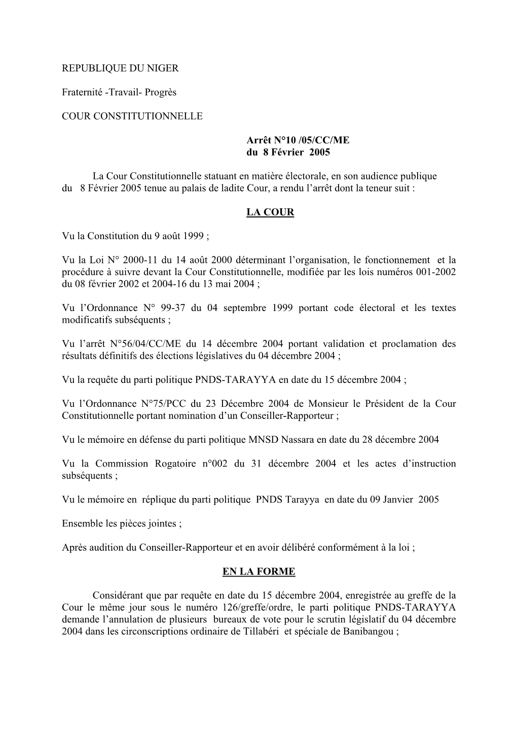 Arrêt N° 010/2005/CC/ME Du 08 Février 2005