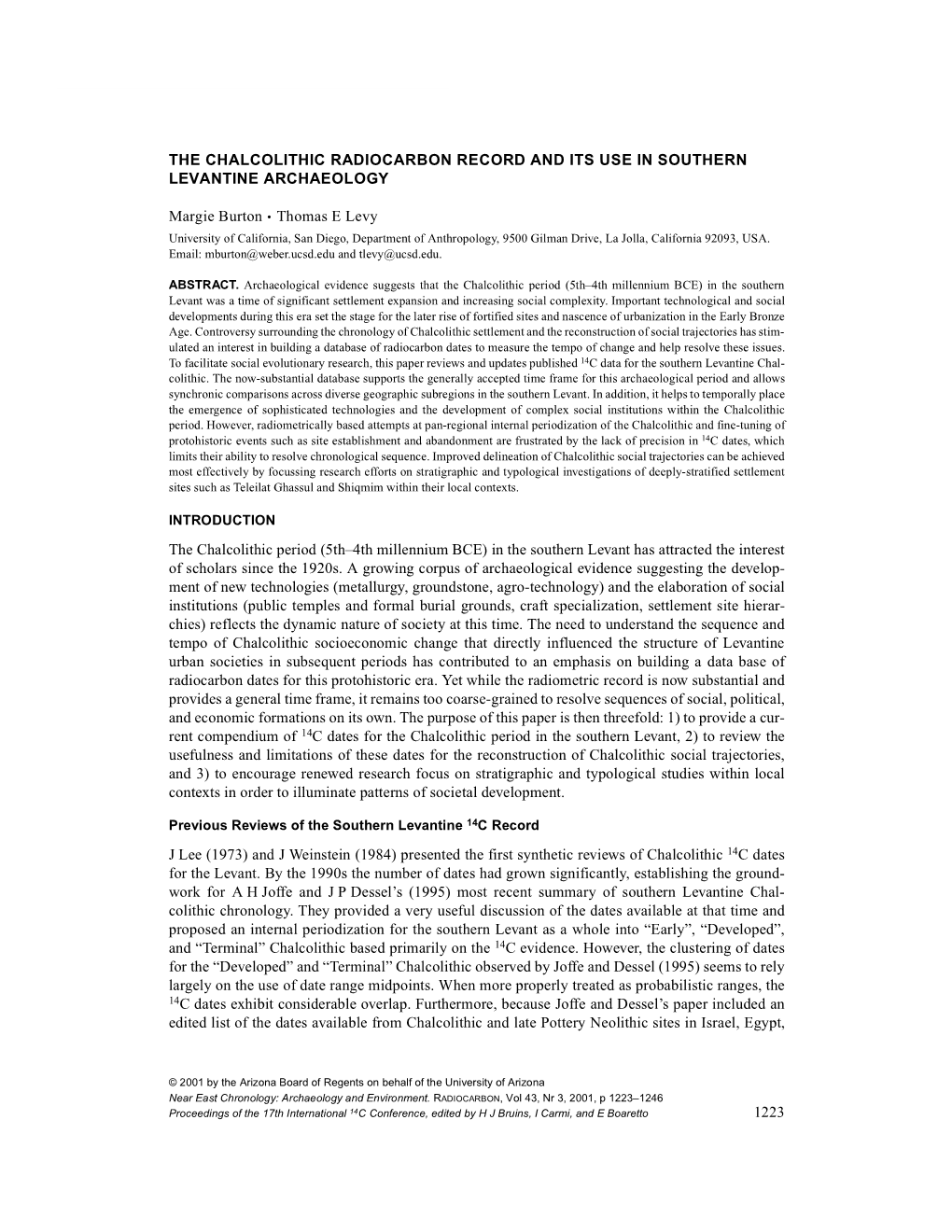 1223 the Chalcolithic Radiocarbon Record And