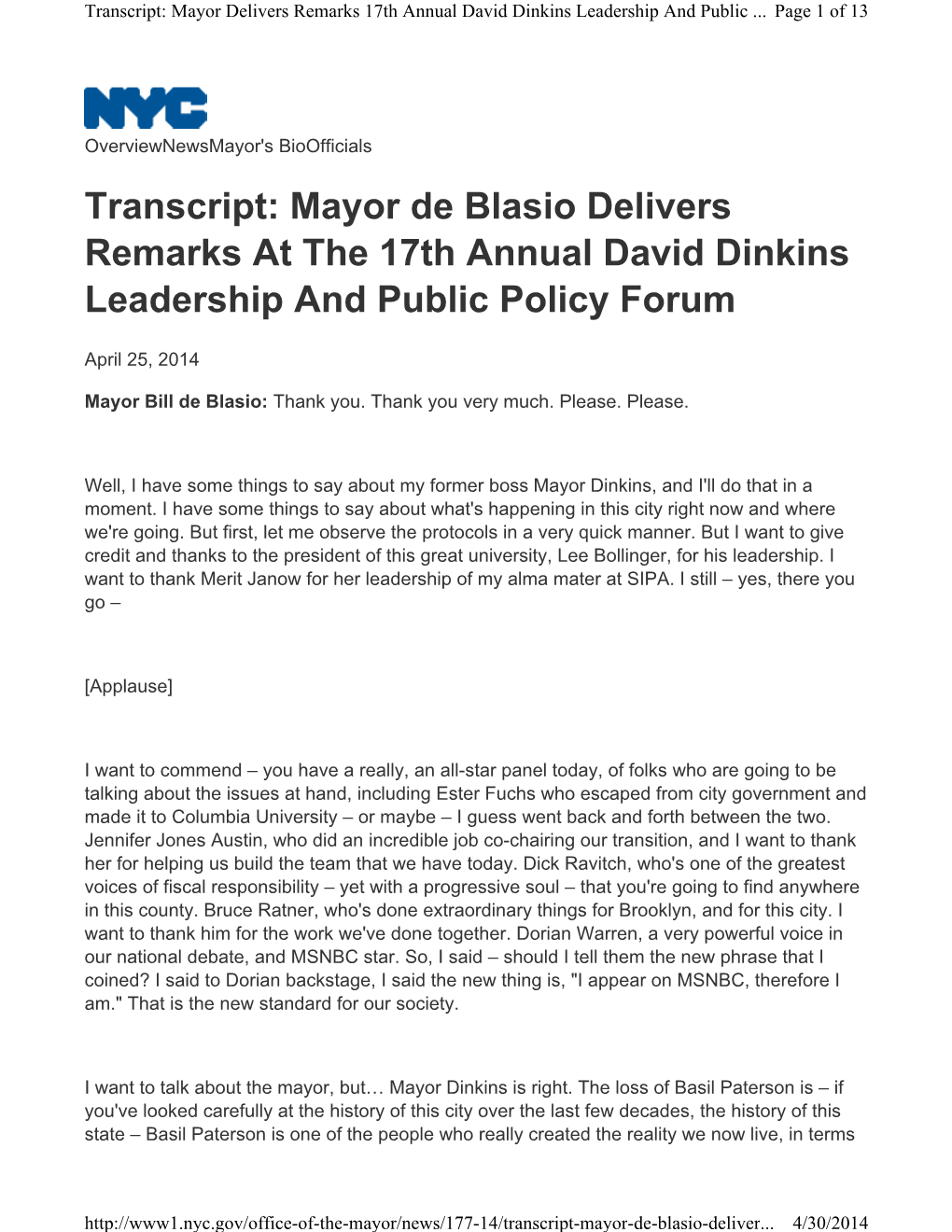 Transcript: Mayor De Blasio Delivers Remarks at the 17Th Annual David Dinkins Leadership and Public Policy Forum