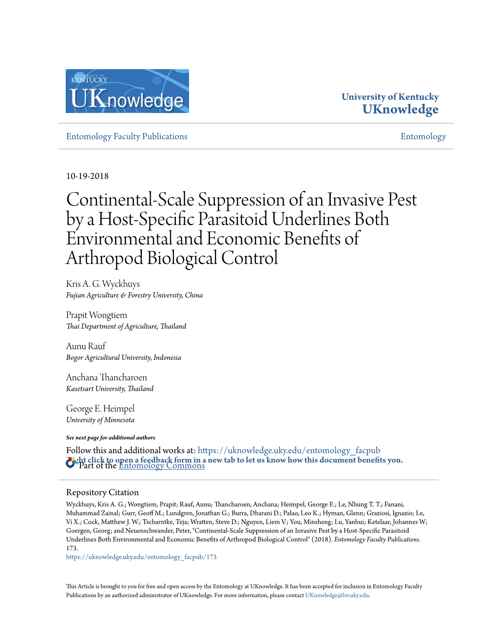 Continental-Scale Suppression of an Invasive Pest by A