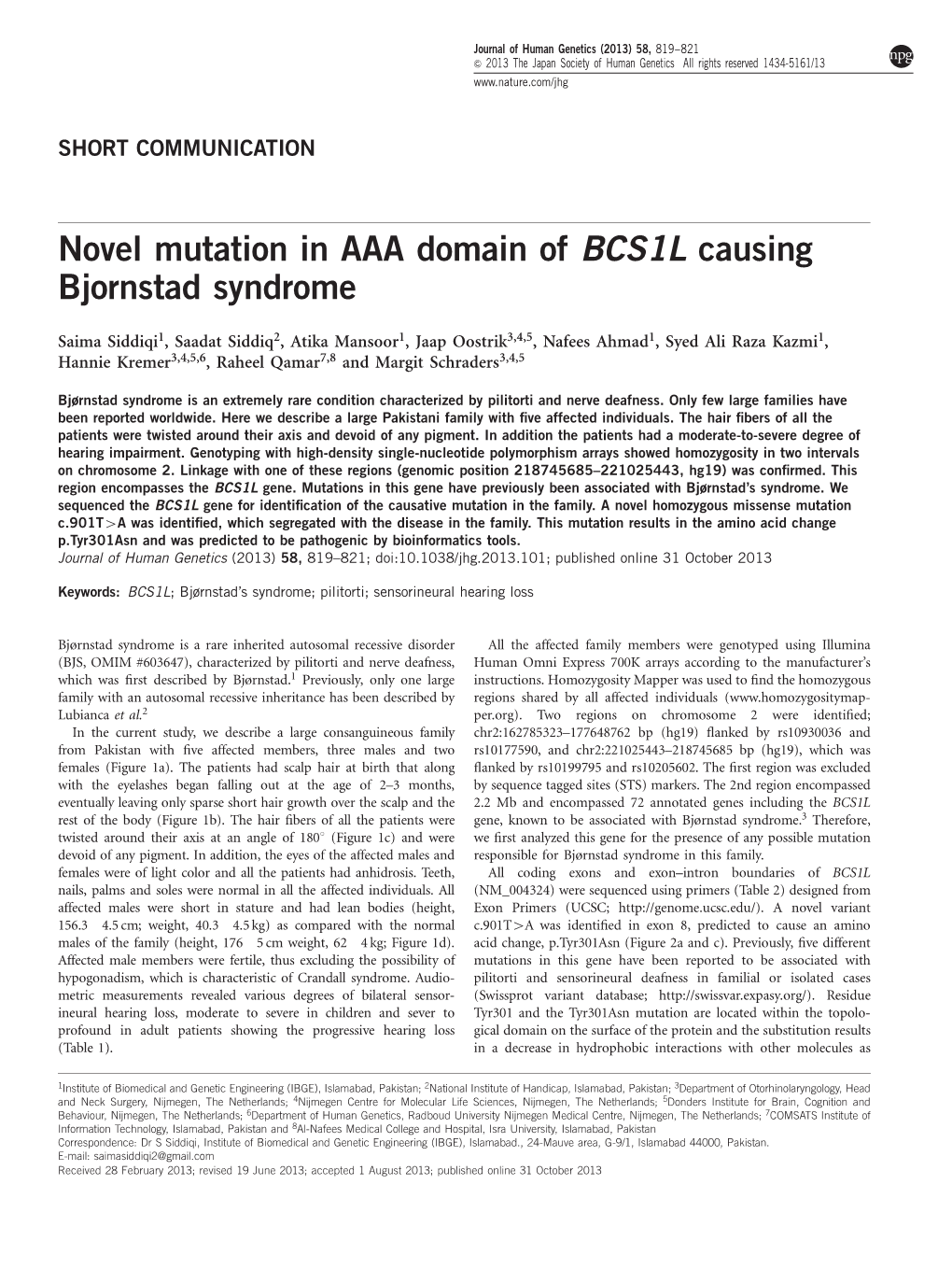 Novel Mutation in AAA Domain of BCS1L Causing Bjornstad Syndrome