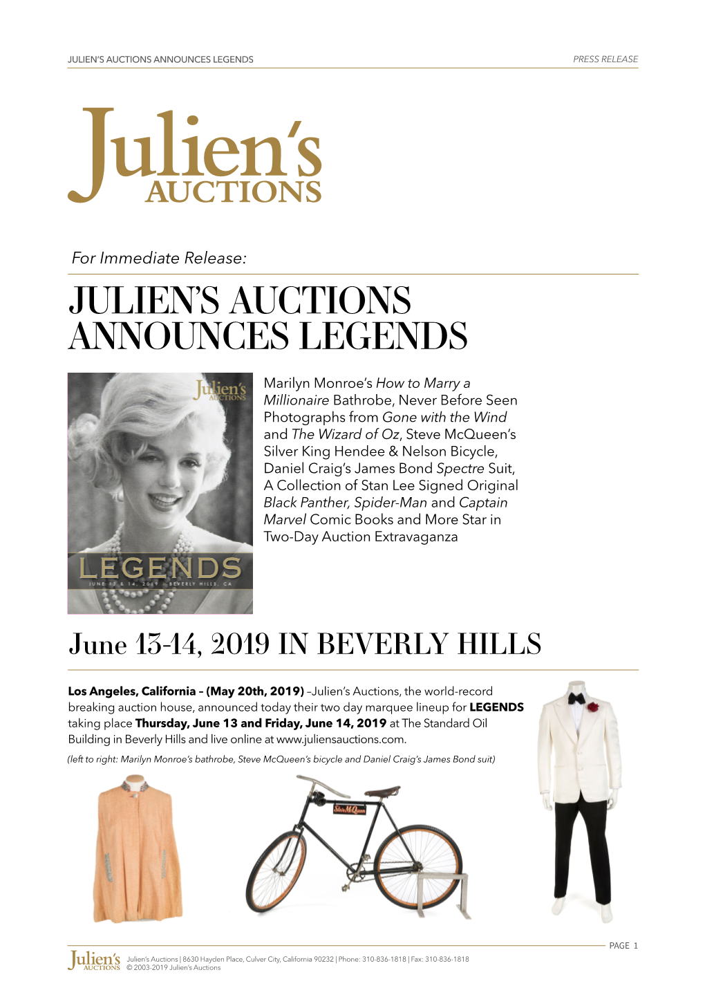 Julien's Auctions Announces Legends