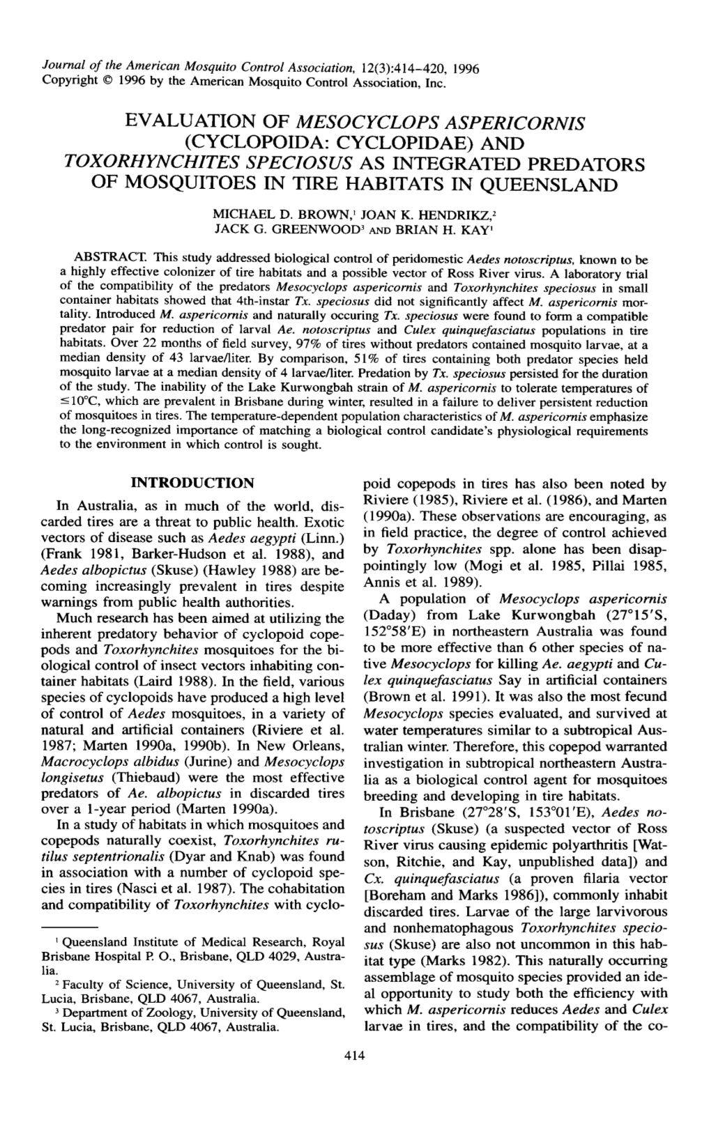 Evaluation of Mesocyclops Aspericornis