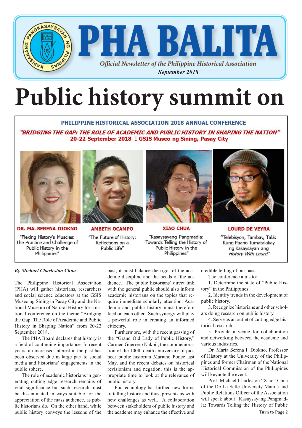 PHA BALITA September 2018 September 2018 PHA BALITA 3 President’S Message Si Ambeth Ocampo at Ang Emerging Role of Public Historians Ence Started a New Era in PHA