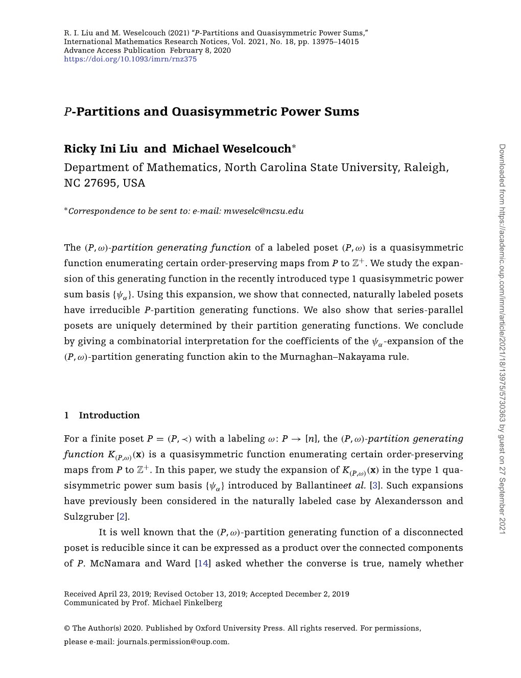 P-Partitions and Quasisymmetric Power Sums,” International Mathematics Research Notices, Vol