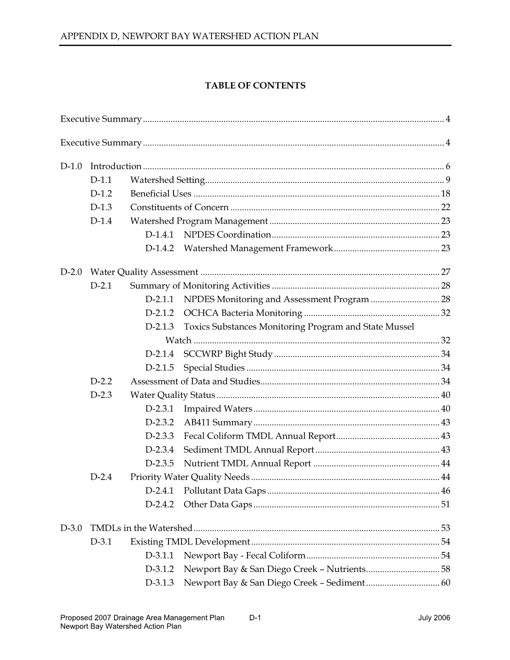 APPENDIX D, NEWPORT BAY WATERSHED ACTION PLAN TABLE of CONTENTS Executive Summary
