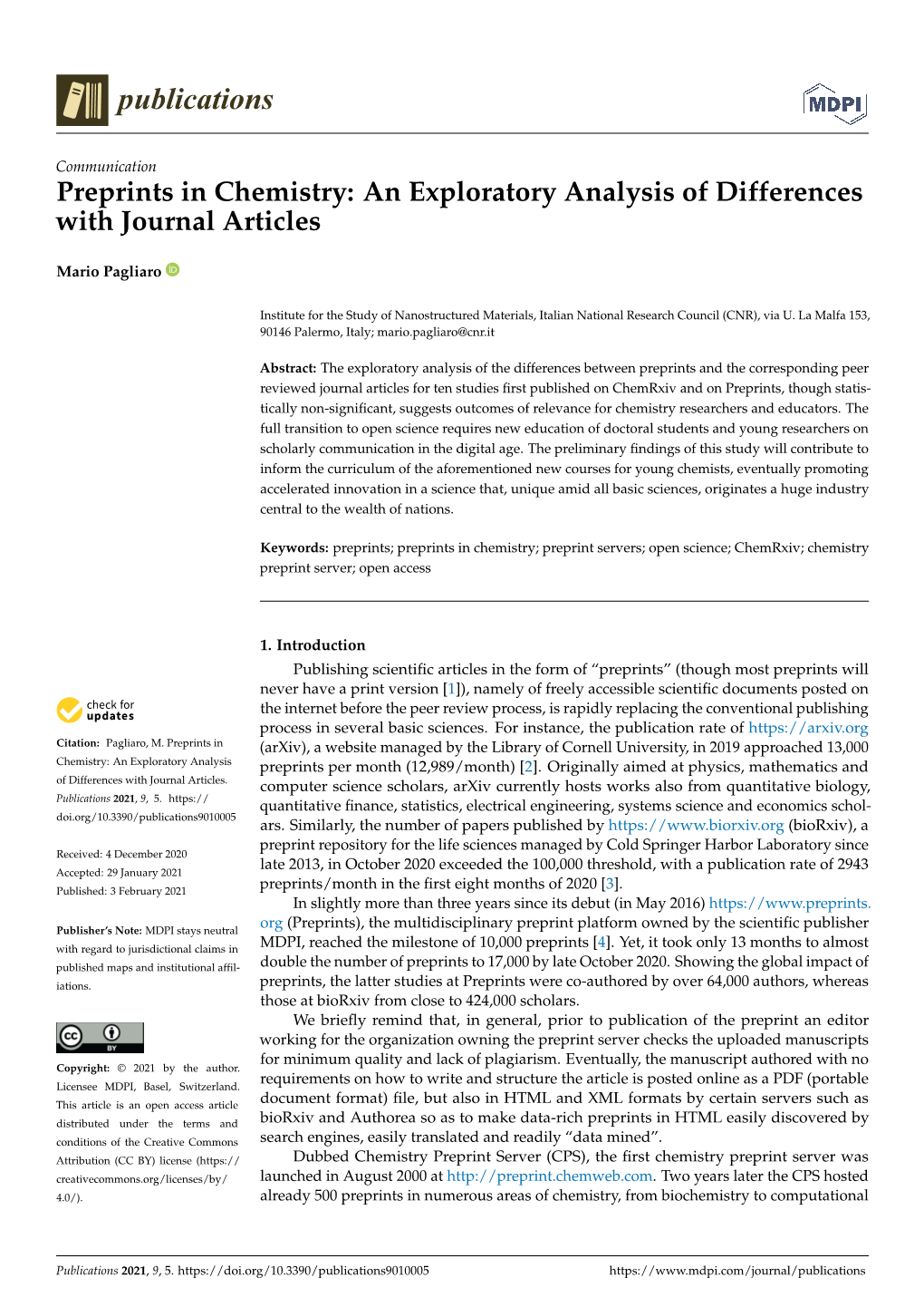 Preprints in Chemistry: an Exploratory Analysis of Differences with Journal Articles