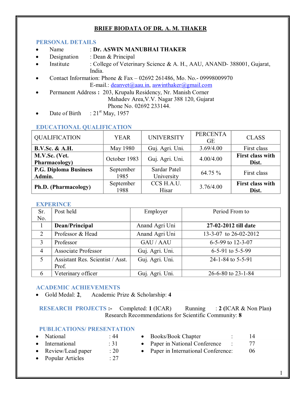 1 Brief Biodata of Dr. Am Thaker Personal Details