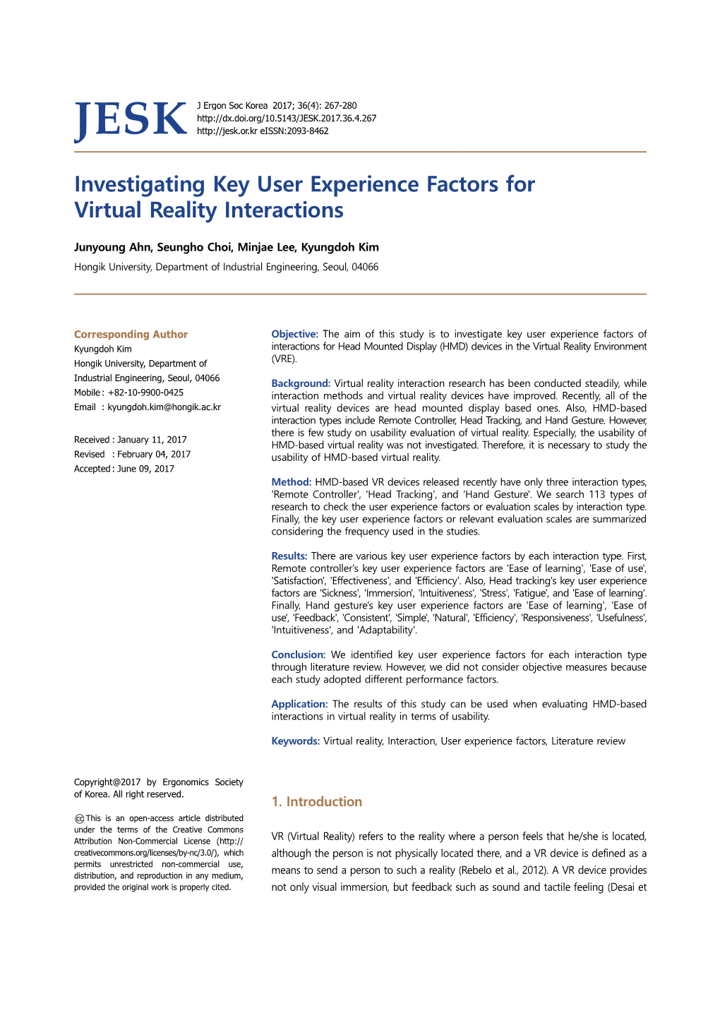 Investigating Key User Experience Factors for Virtual Reality Interactions