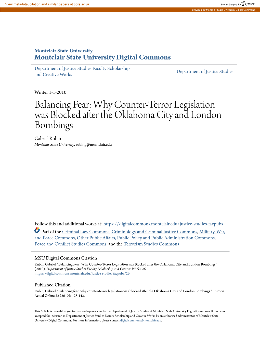 Why Counter-Terror Legislation Was Blocked After the Oklahoma City and London Bombings Gabriel Rubin Montclair State University, Rubing@Montclair.Edu