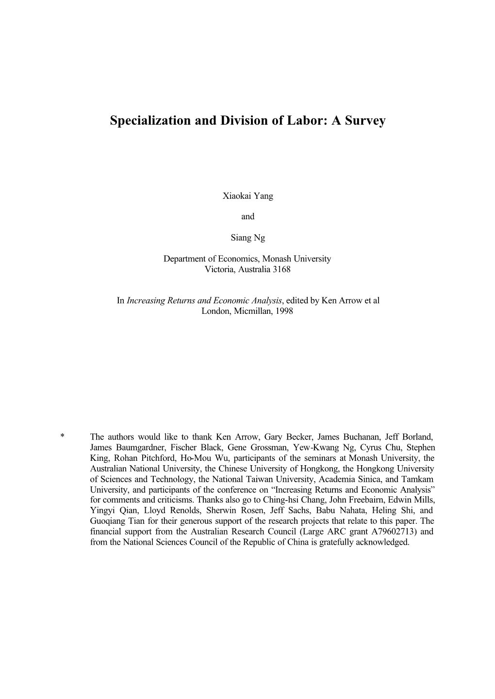 Specialization and Division of Labor: a Survey