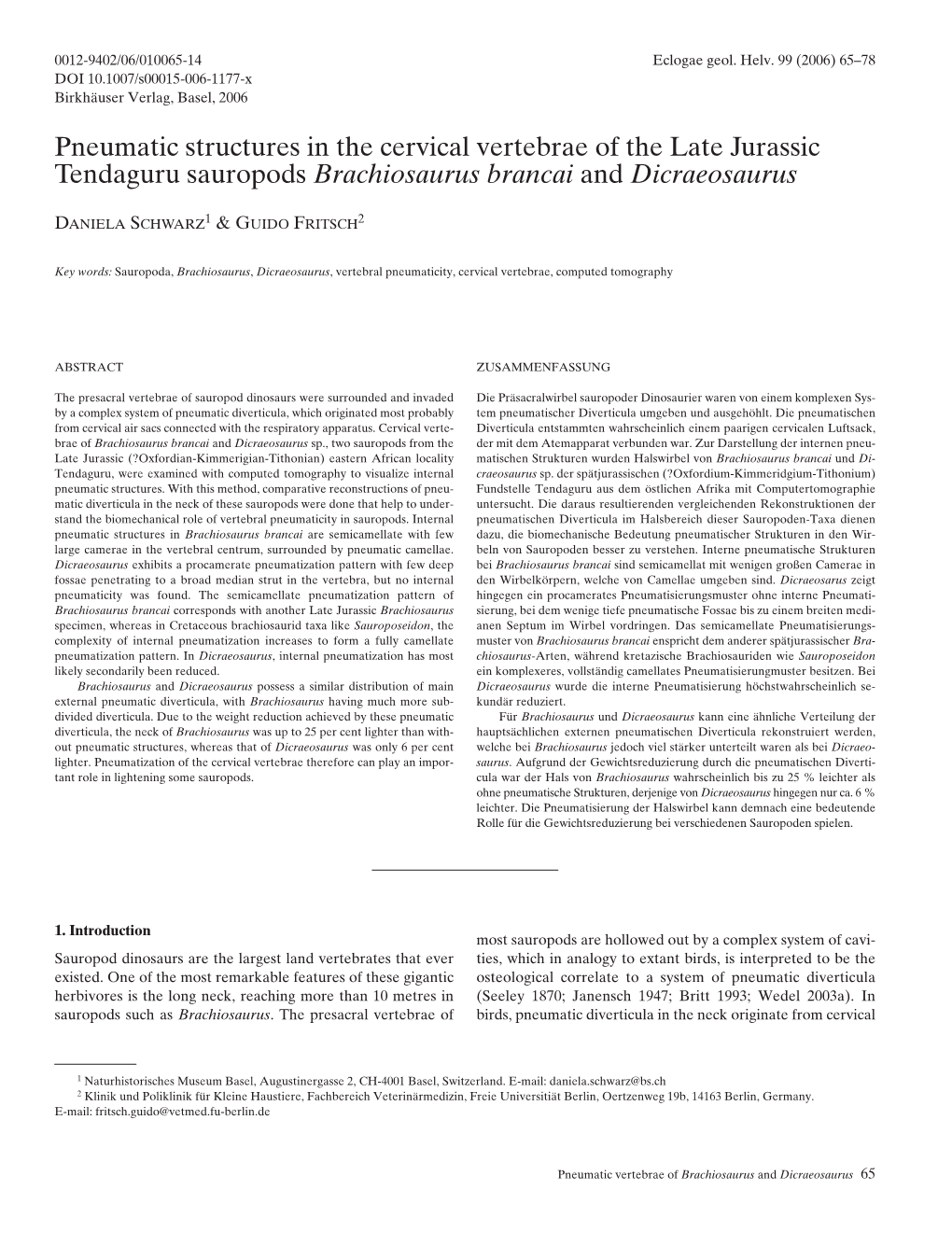 Pneumatic Structures in the Cervical Vertebrae of the Late Jurassic Tendaguru Sauropods Brachiosaurus Brancai and Dicraeosaurus