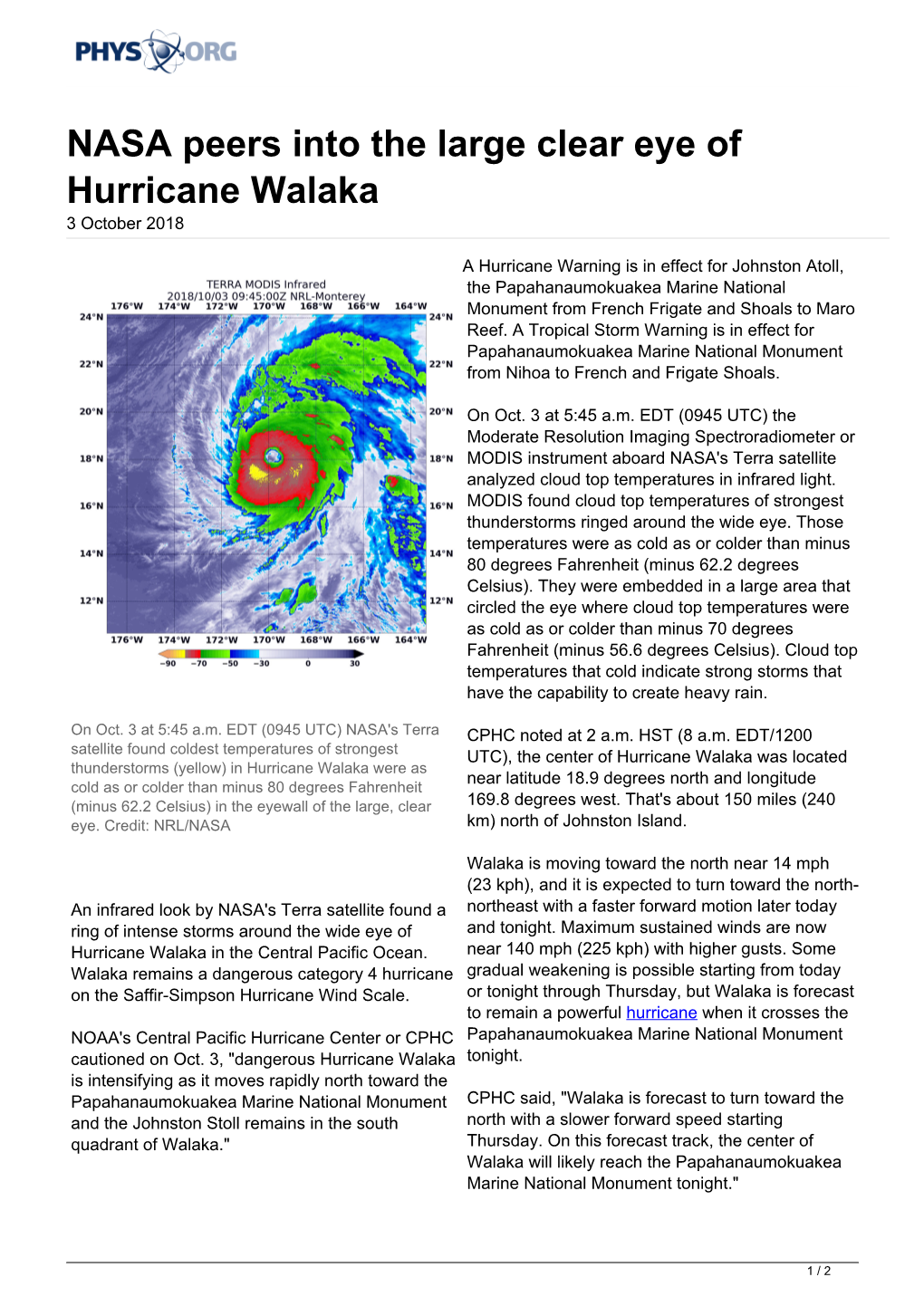NASA Peers Into the Large Clear Eye of Hurricane Walaka 3 October 2018