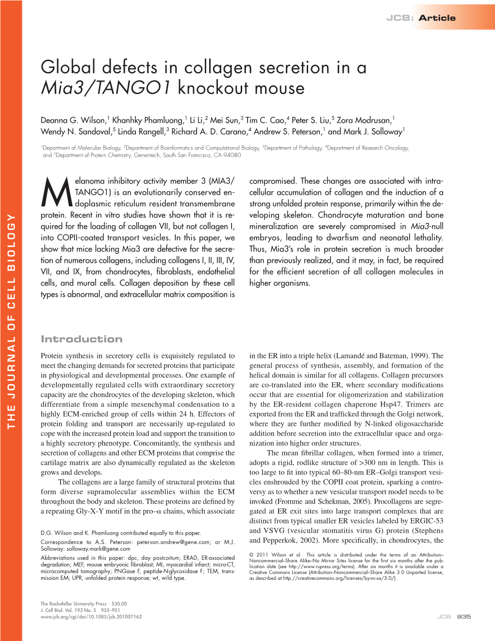 Global Defects in Collagen Secretion in a Mia3/TANGO1 Knockout Mouse