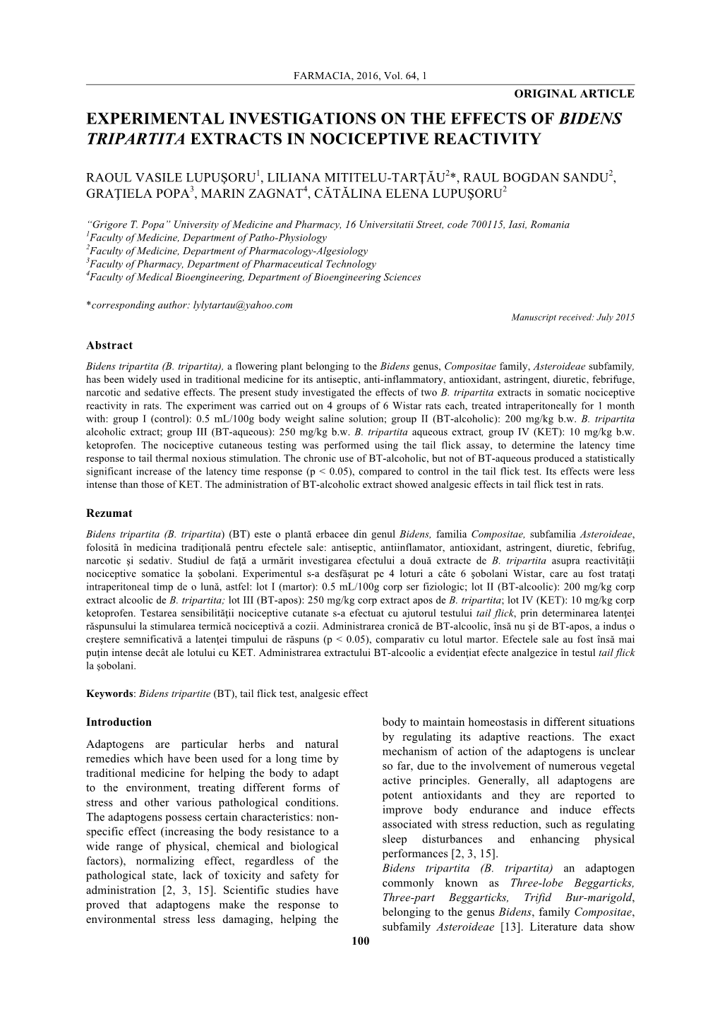 Experimental Investigations on the Effects of Bidens Tripartita Extracts in Nociceptive Reactivity