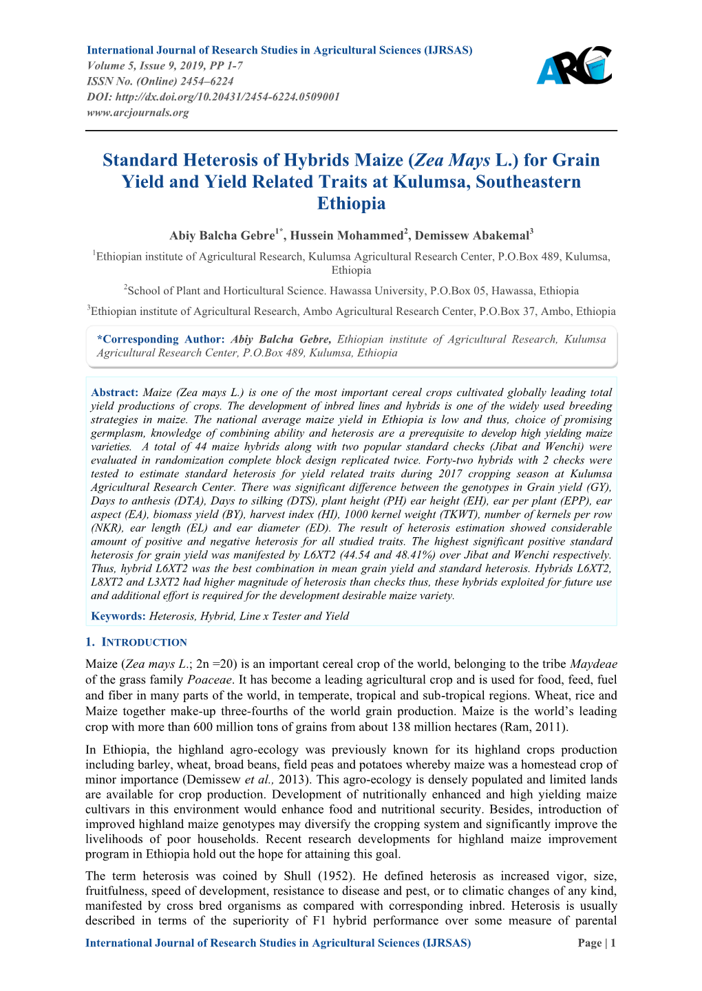 Standard Heterosis of Hybrids Maize (Zea Mays L.) for Grain Yield and Yield Related Traits at Kulumsa, Southeastern Ethiopia