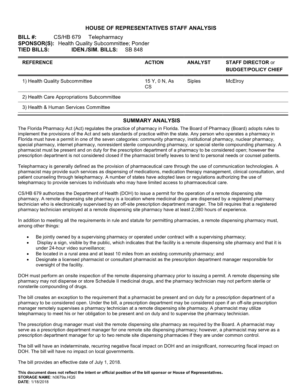 HOUSE of REPRESENTATIVES STAFF ANALYSIS BILL #: CS/HB 679 Telepharmacy SPONSOR(S): Health Quality Subcommittee; Ponder TIED