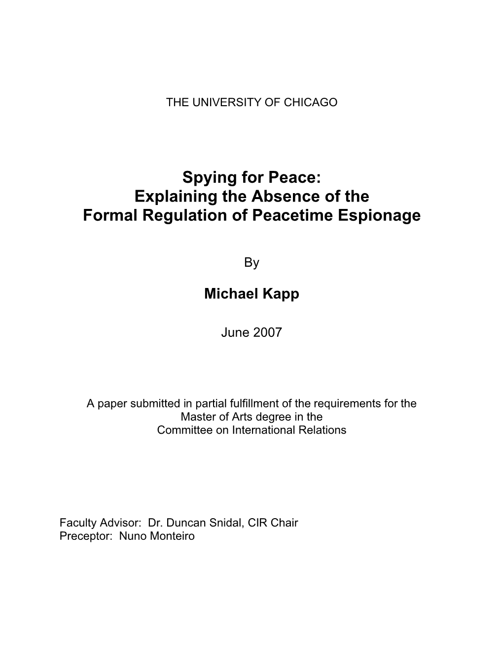 Spying for Peace: Explaining the Absence of the Formal Regulation of Peacetime Espionage