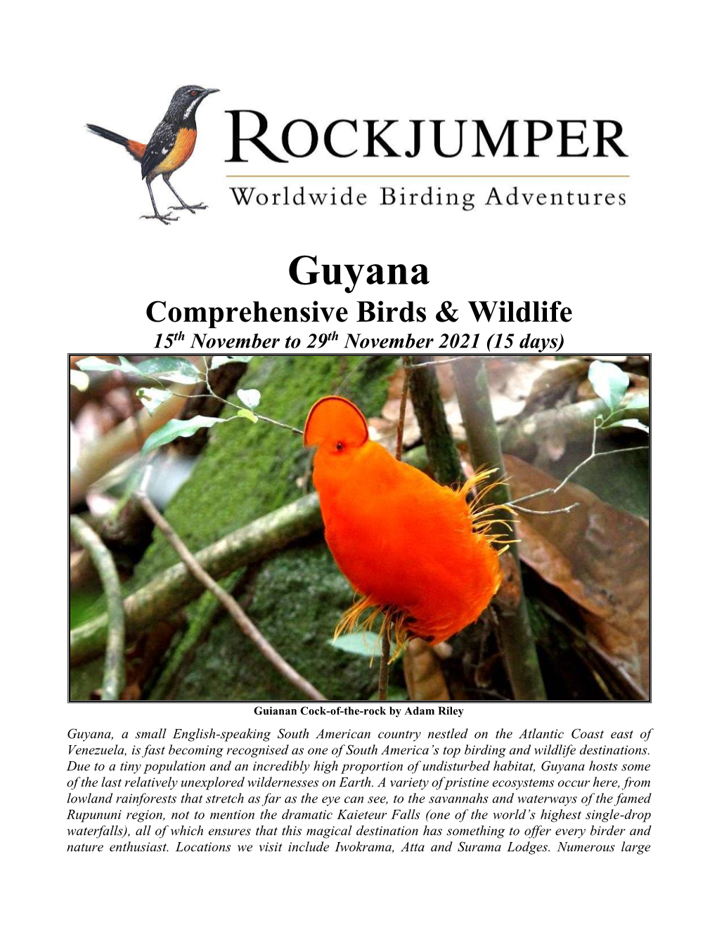 Guyana Comprehensive Birds & Wildlife 15Th November to 29Th November 2021 (15 Days)