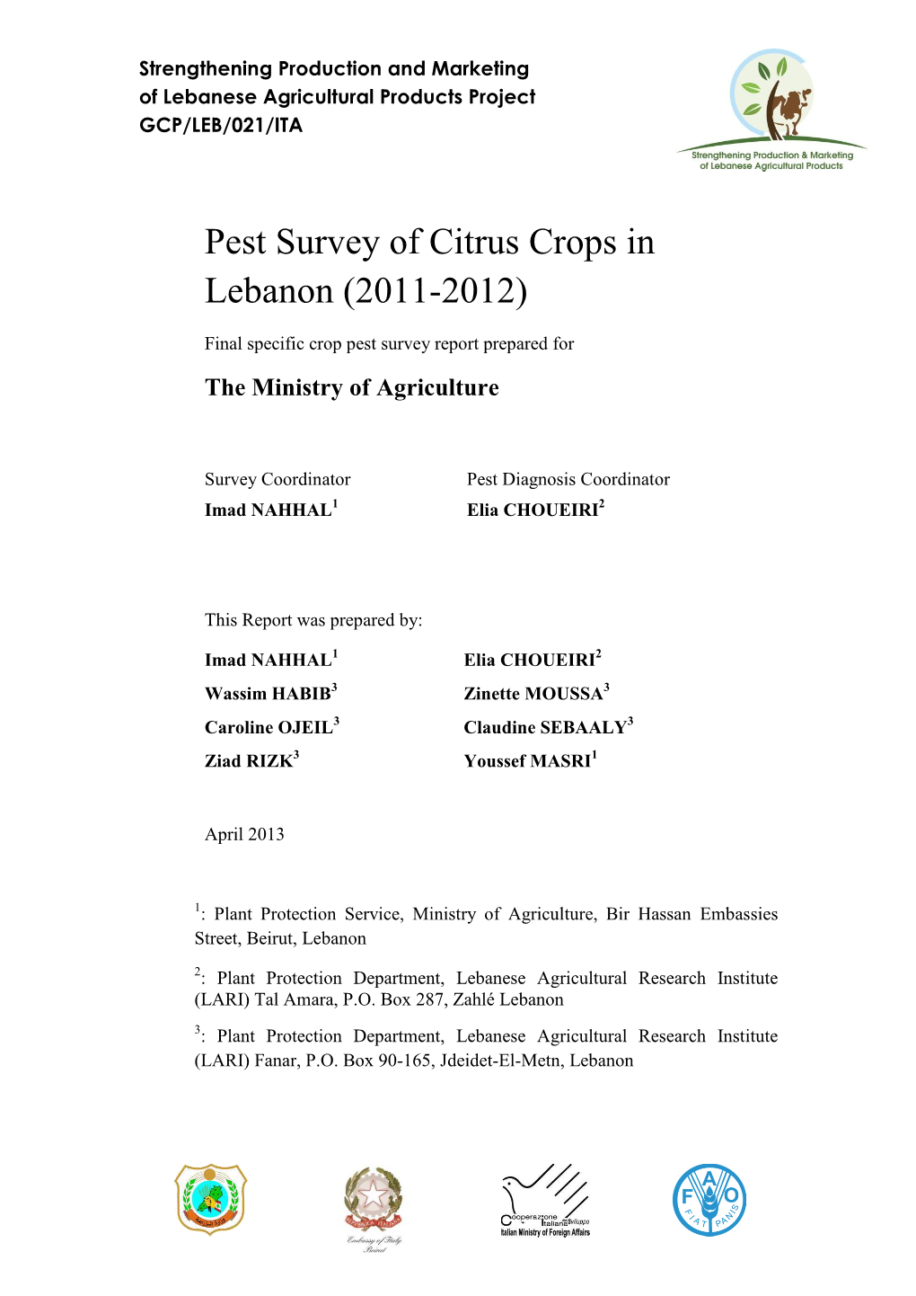 Pest Survey of Citrus Crops in Lebanon (2011-2012)
