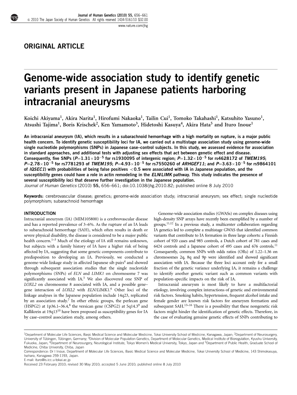 Genome-Wide Association Study to Identify Genetic Variants Present in Japanese Patients Harboring Intracranial Aneurysms