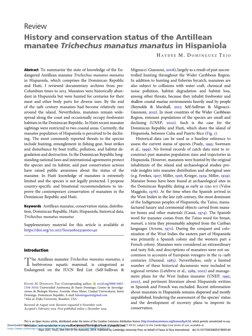 Review History and Conservation Status of the Antillean Manatee Trichechus Manatus Manatus in Hispaniola