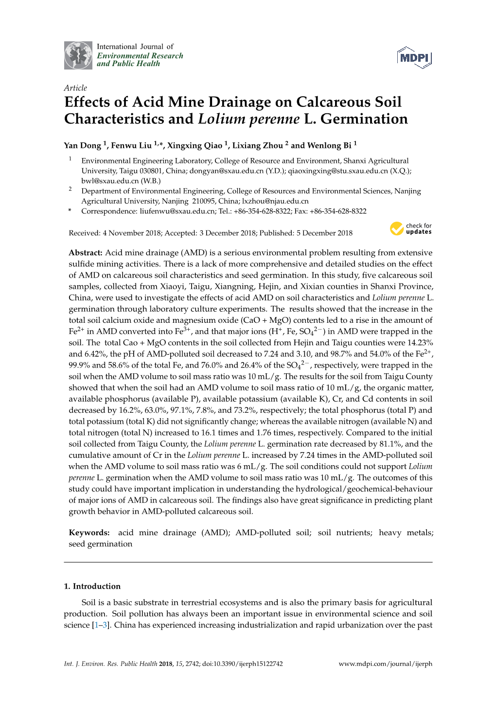 Effects of Acid Mine Drainage on Calcareous Soil Characteristics and Lolium Perenne L