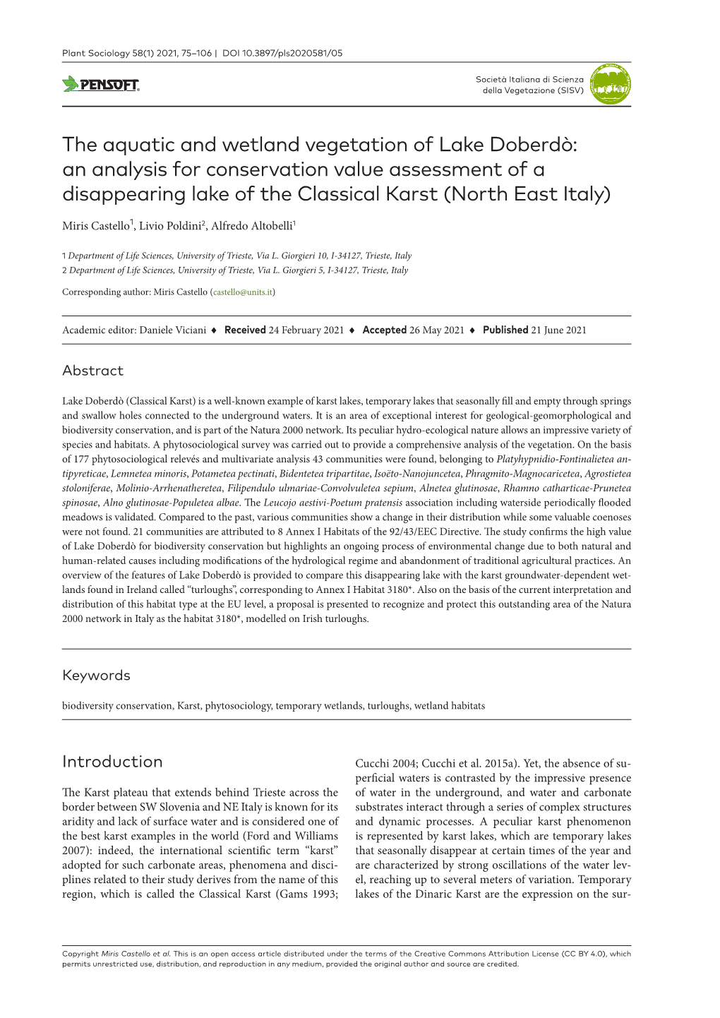 The Aquatic and Wetland Vegetation of Lake Doberdò: an Analysis for Conservation Value Assessment of a Disappearing Lake of the Classical Karst (North East Italy)