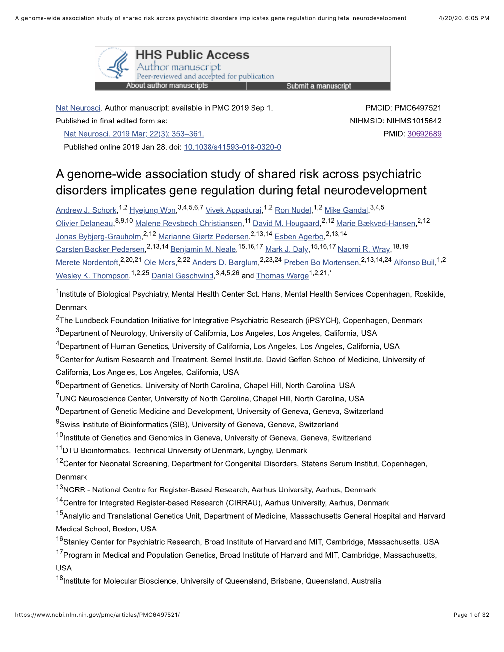 A Genome-Wide Association Study of Shared Risk Across Psychiatric Disorders Implicates Gene Regulation During Fetal Neurodevelopment 4/20/20, 6�05 PM