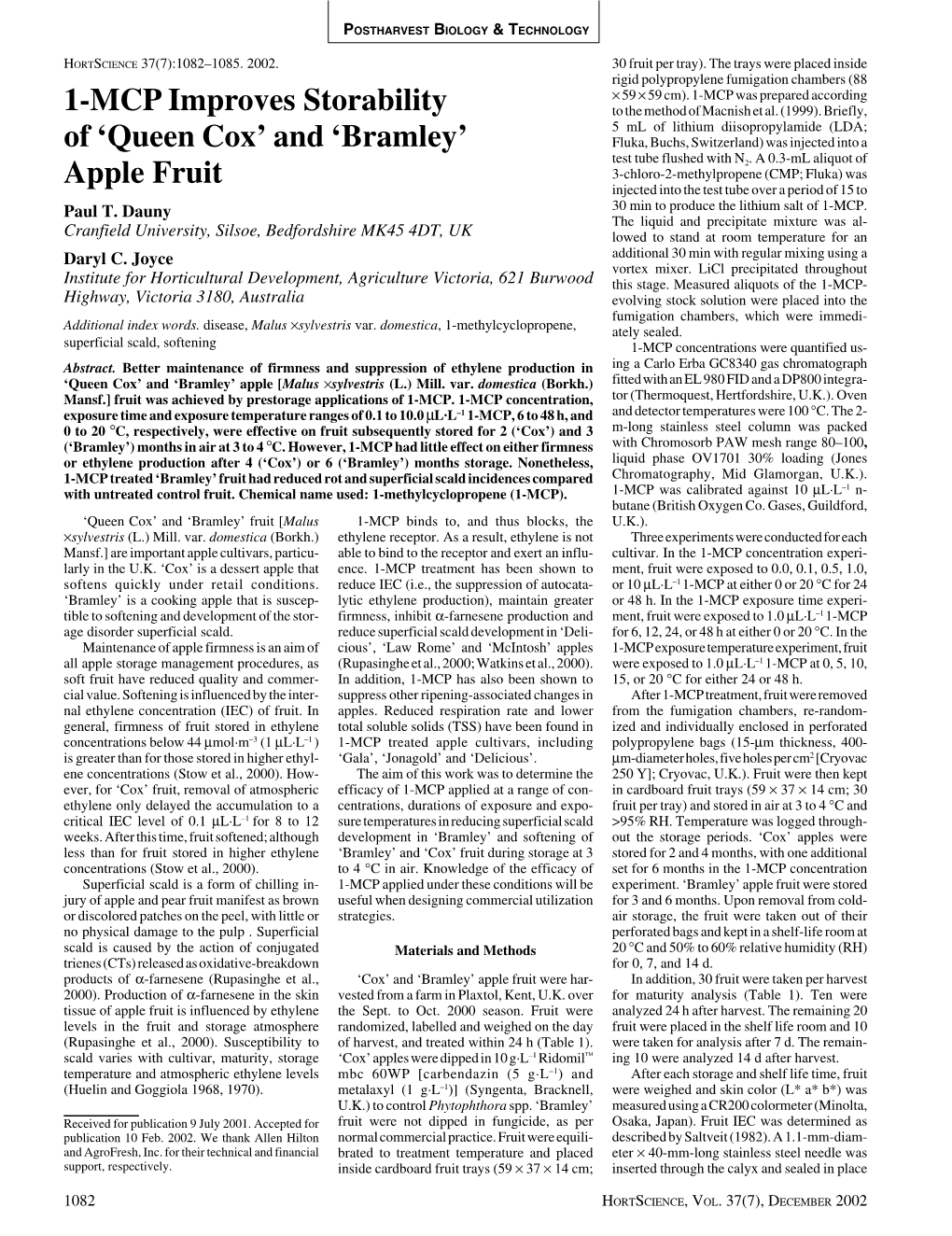 1-MCP Improves Storability of 'Queen Cox' and 'Bramley' Apple Fruit