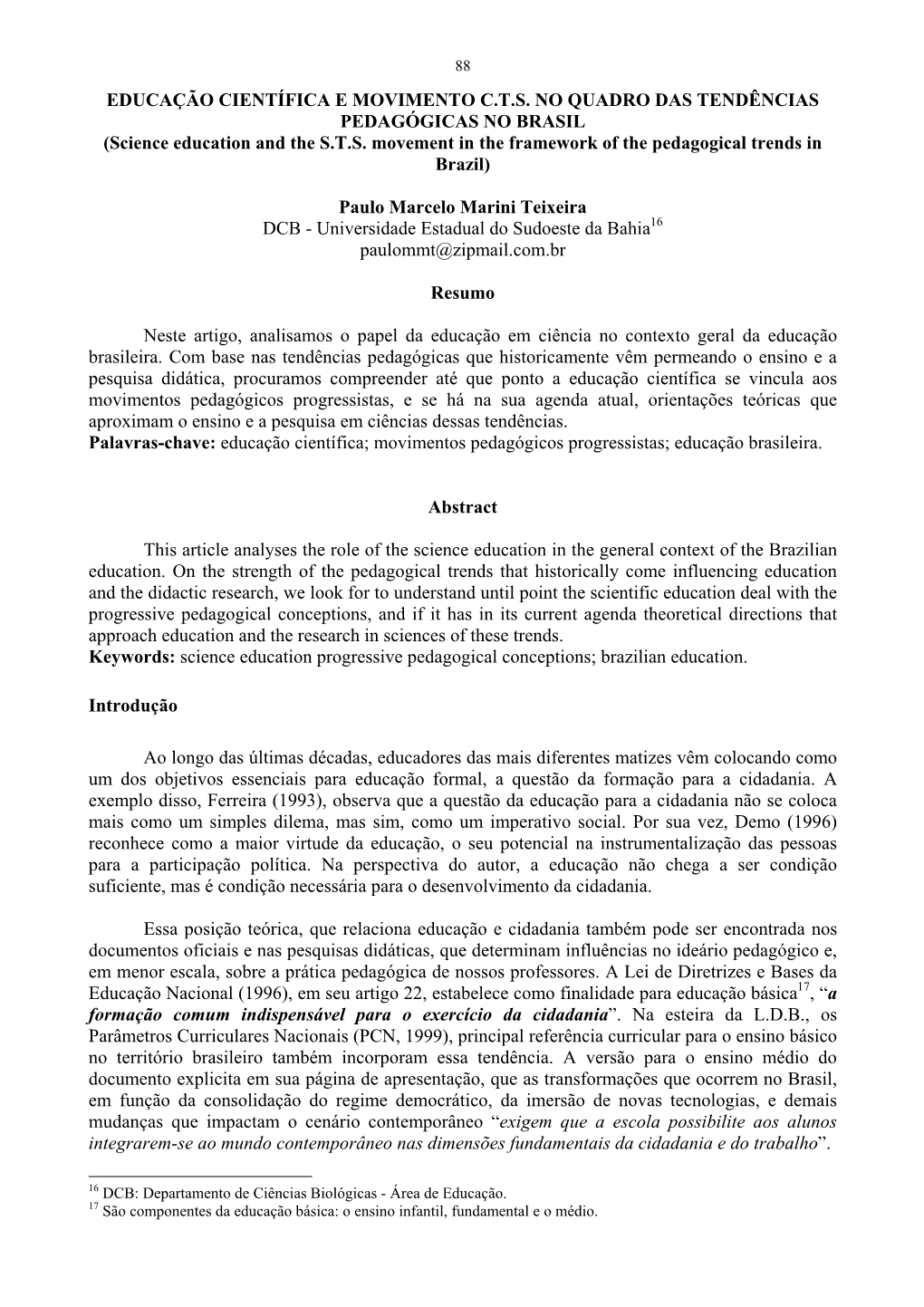 Educação Científica E Movimento Cts No Quadro Das Tendências