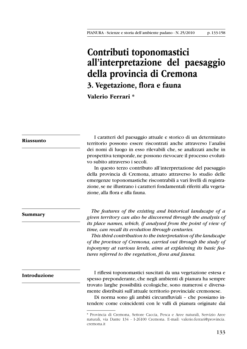 Contributi Toponomastici All'interpretazione Del Paesaggio