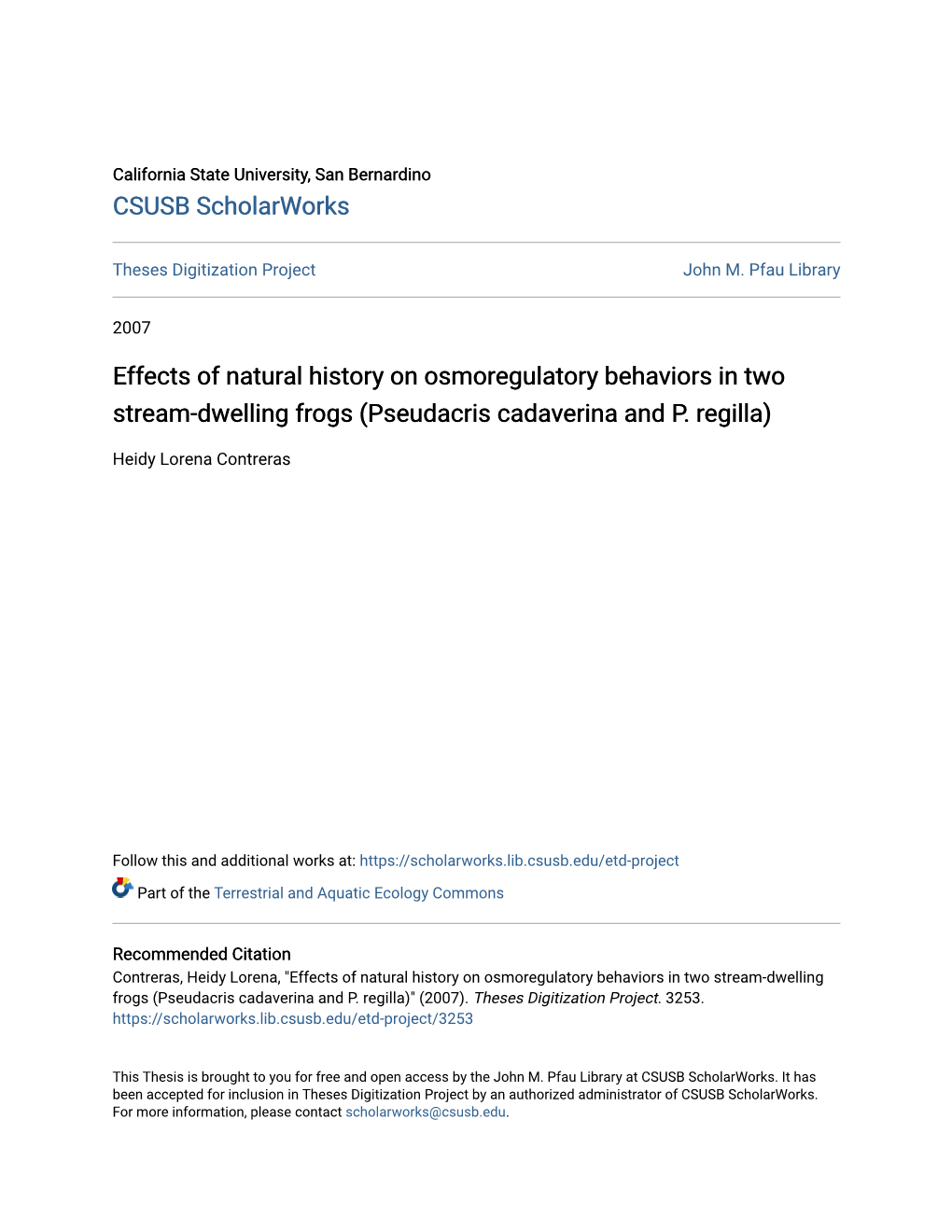 Effects of Natural History on Osmoregulatory Behaviors in Two Stream-Dwelling Frogs (Pseudacris Cadaverina and P