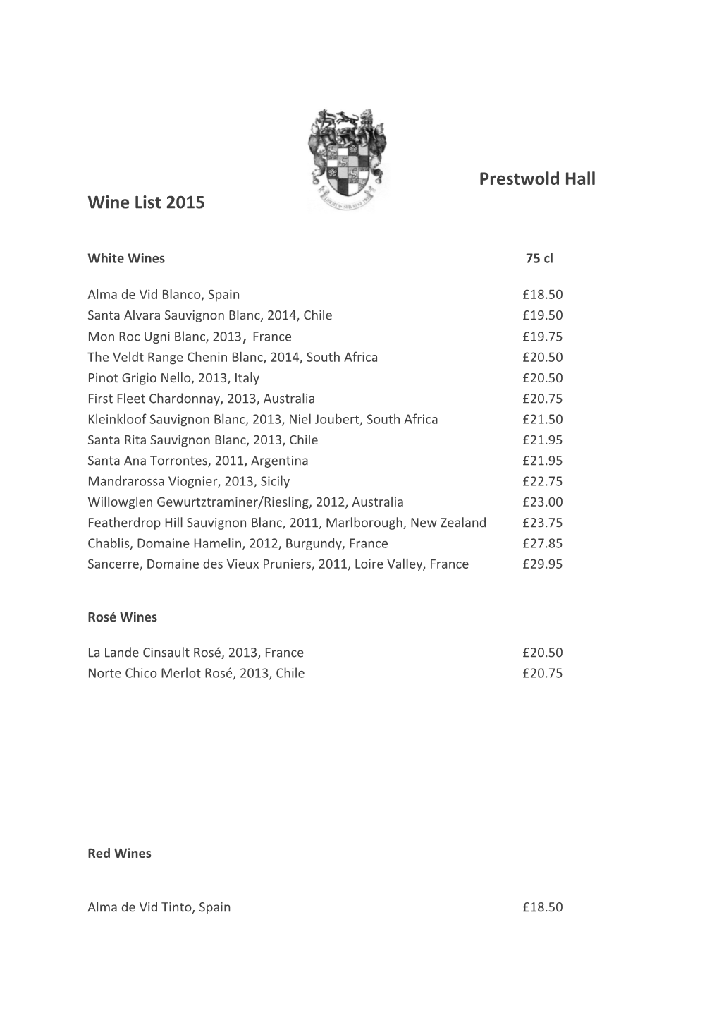 Prestwold Hall Wine List 2015